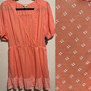 NWT- Lucky Brand- Orange and White Wrap Top Ruffle Hem Dress, Size Large